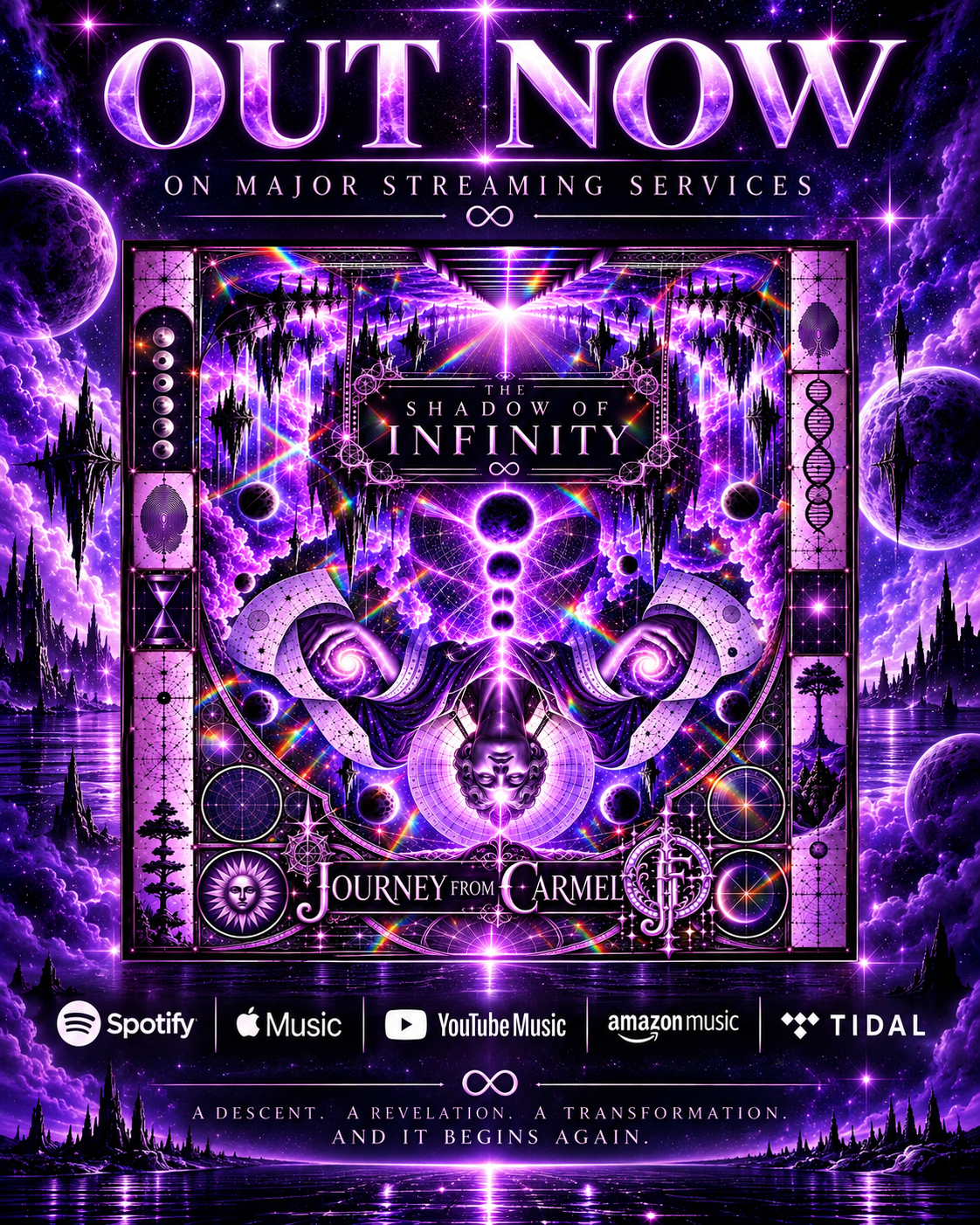 Out Now promotional artwork for The Shadow of Infinity by Journey from Carmel